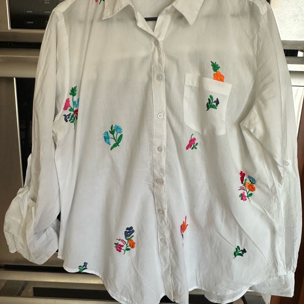 White Embroidered Blouse with Colorful flowers by Magazine.